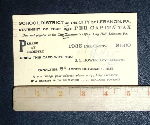 1935 Lebanon, PA Per Capita Tax Postcard School District Ephemera eBay