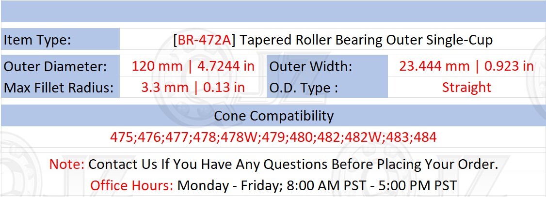 [Qty.2] 472A Tapered Roller Bearing Single-Cup/Race [120mm OD x 0.923 ...