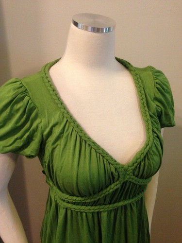 Max Edition by Max Studio Moss Green Braided Trim Empire Dress Stretch Small EUC - Picture 2 of 5