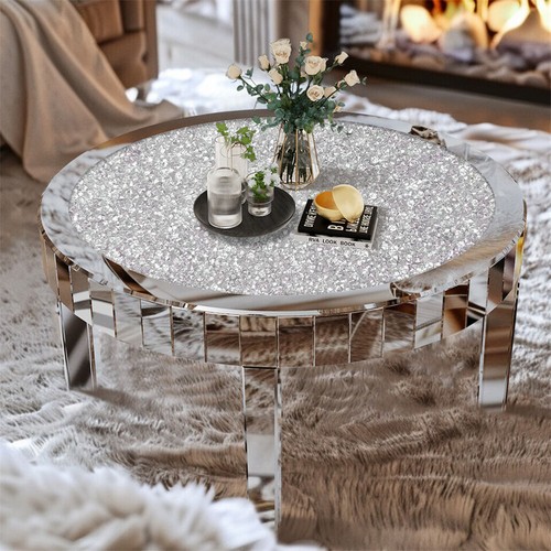 Luxury Silver Crushed Crystal Round Coffee Table Sparkle Diamante Living Room UK - Picture 3 of 12