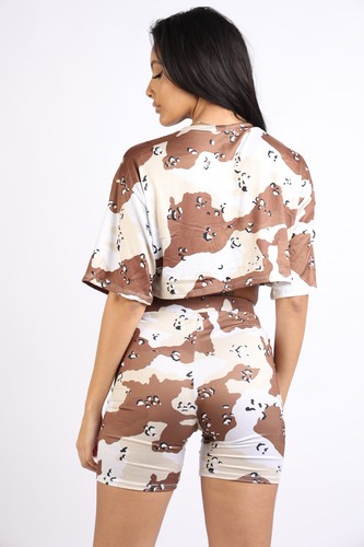 Women's Camo Printed Crop Top And Matching Biker Short Two Pieces Casual Set - Picture 7 of 38