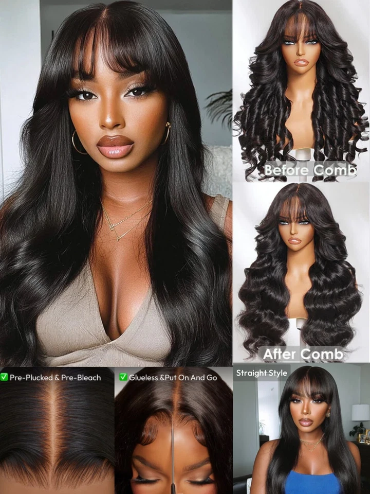 UNice 7x5 Bye-Bye Knots Lace Frontal Black Fluffy Loose Wave Curtain Bang Wig US - Image 3 of 4