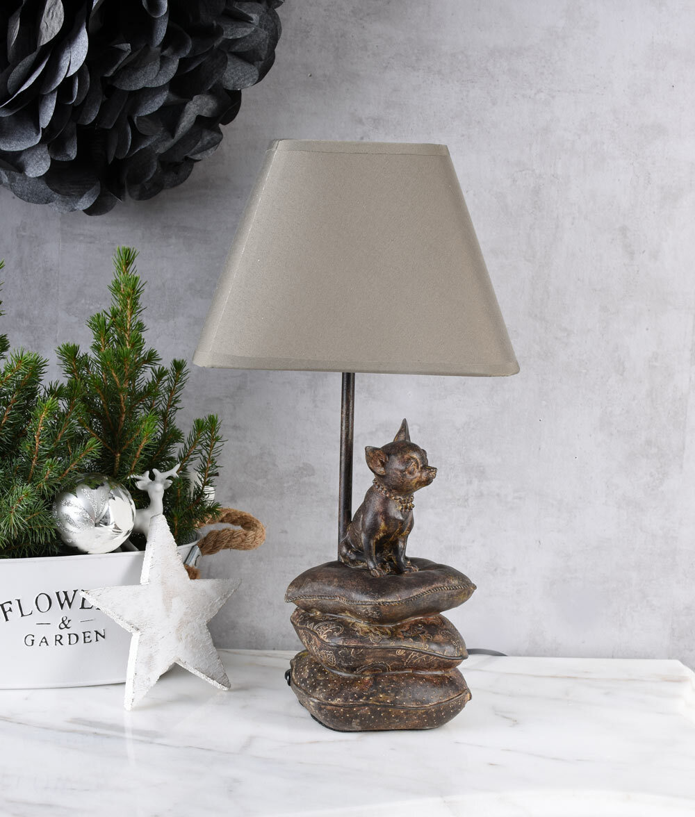 Chihuahua Lampe Hund Skulptur Hund Tischlampe Stoff Lampenschirm Neu