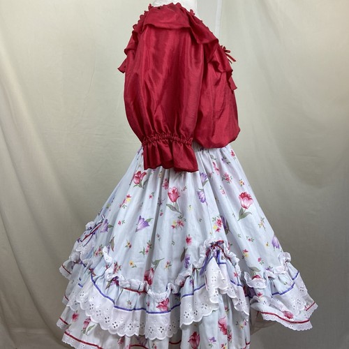 Square Dance Dress Outfit Floral Skirt Red Satin Blouse - Picture 5 of 11