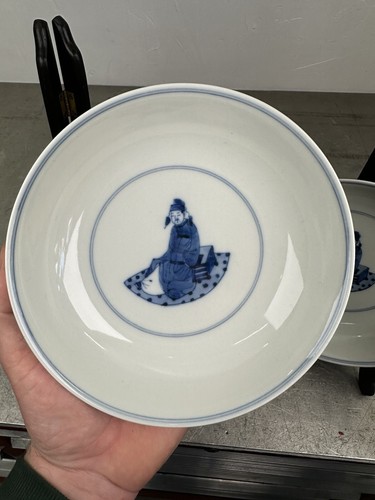 Coppia di piatti cinesi blu e bianchi stile Kangxi Mark Qing studiosi immagini - Foto 6 di 19