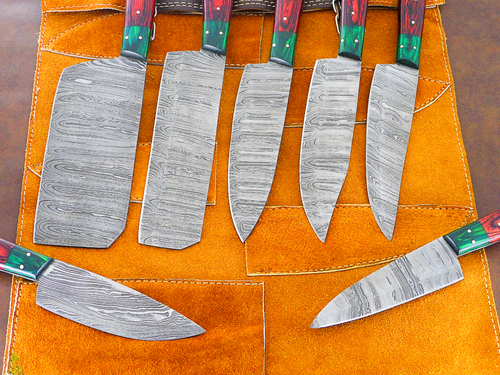 Hand Forged Damascus Steel Chef Knife Set 7 Piece Kitchen & BBQ Knives, W/Sheath - Afbeelding 4 van 15