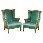 PAIR OF ANTIQUE VICTORIAN ORIGINAL GREEN LEATHER UPHOLSTERY WINGBACK ARMCHAIRS