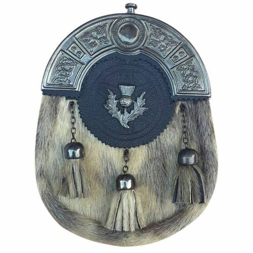 New Full Dress Kilt Sporran Faux Seal Skin Celtic Cantle Antique Thistle Badge - Imagen 2 de 2