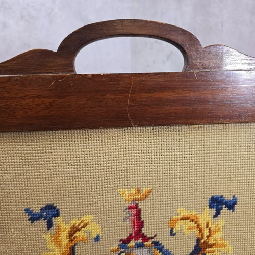 Vintage Wooden Decorative Fire Screen with Heraldic Shield Crest Tapestry Design - Picture 6 of 18