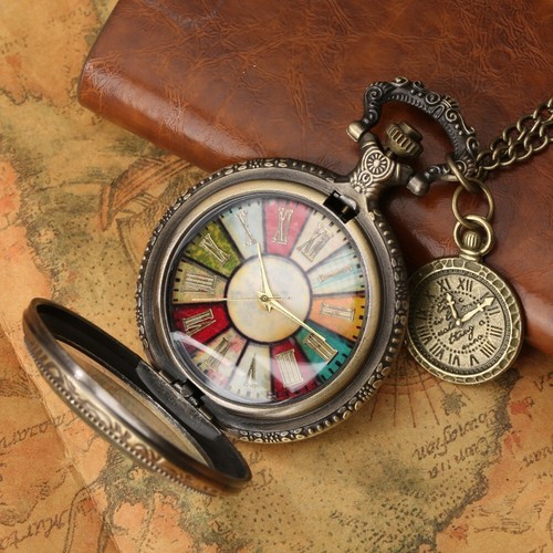 Colorful Roman Numeral Dial Display Quartz Pocket Watch With Necklace Chain - Picture 3 of 6