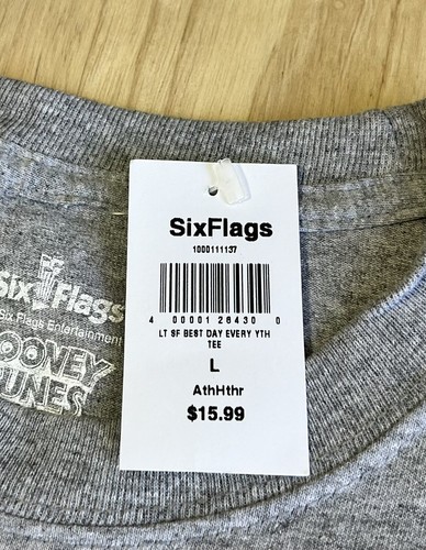 (L) SIX FLAGS Best Day Ever LOONEY TUNES Camisa JOVEN Gris Camiseta Gráfica Nueva con Etiquetas - Imagen 4 de 7