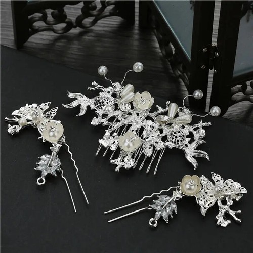 White Chinese Hair Accessories Women Headpiece Set Costume Wedding Hair Jewelry - Picture 4 of 8