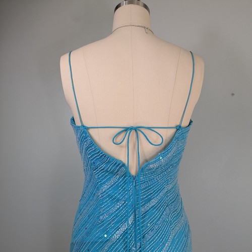 Vintage Silk Prom Dress Maxi Gown 10 Blue 90s Y2K Fairy Glam Bead Turquoise Slit - Picture 7 of 15