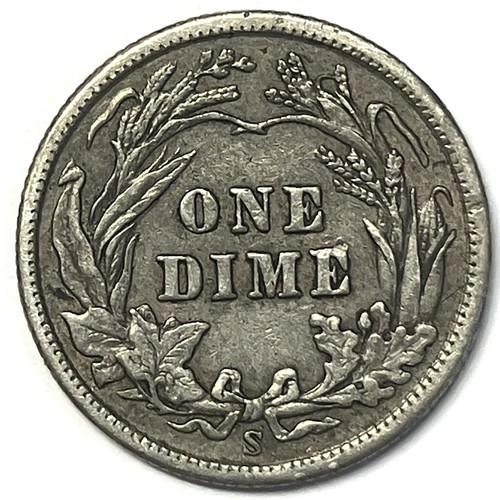 Moneda de diez centavos de barbero de plata San Francisco 1905-S en estado bastante bueno Full Liberty - Imagen 2 de 2