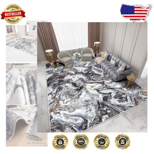 9'x12' Non-Slip Black and Gold Area Rug - Machine Washable for Effortless Style
