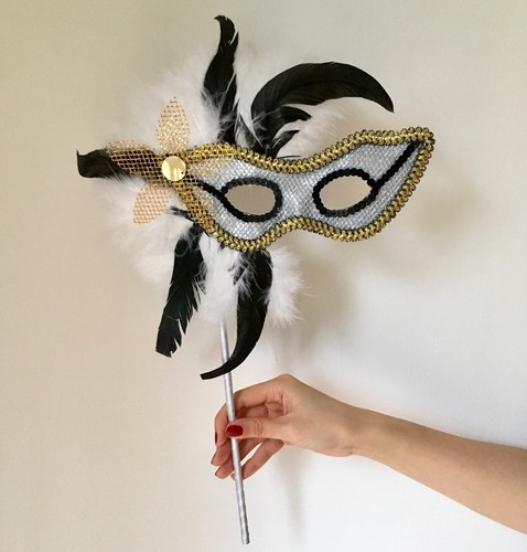 Masquerade Mask Silver Gold Feather Venetian Fancy Dress Hand Held On Stick - Picture 1 of 5