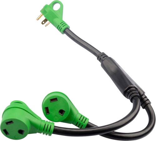 RV Y Adapter Cord with Handle 30 Amp TT-30 Male Plug to Two 30 Amp TT-30 Female,