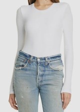 $195 ATM Women's White Soft Crew-Neck Long-Sleeve Ribbed Bodysuit Size Large