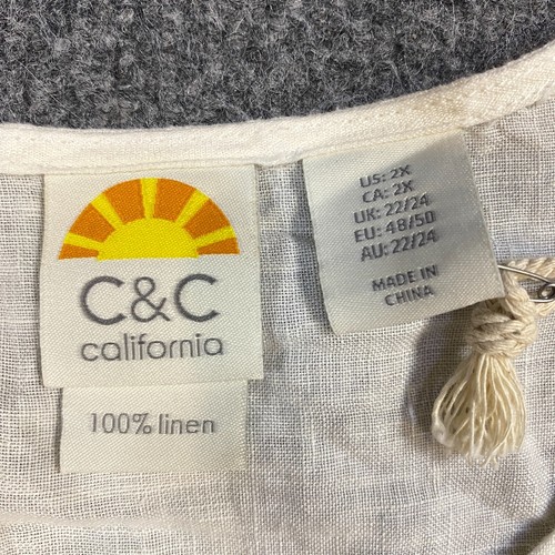 C&C California Linen Shirt 2X Ivory Striped Tab Sleeves Collarless NEW - Picture 8 of 9