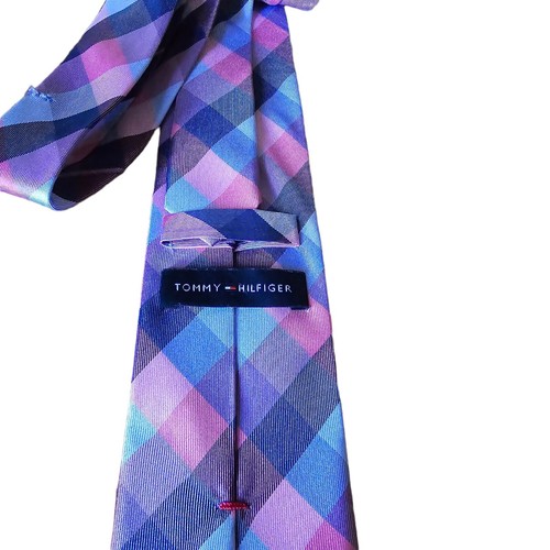 Tommy Hilfiger Men’s Silk Tie Blue Pink Plaid Classic Necktie Gift - Picture 3 of 8