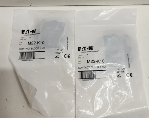 LOT OF 2 NEW IN BAG! EATON 6A 500V 1NO CONTACT BLOCKS M22-K10