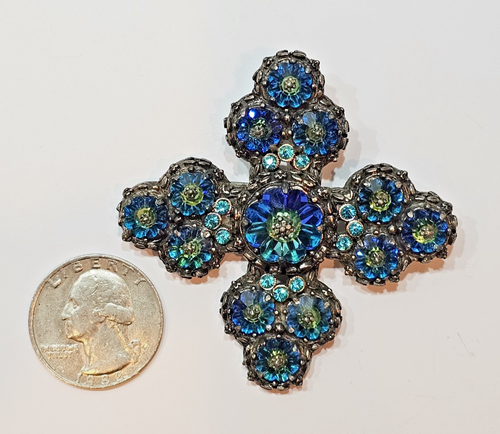 VTG Weiss Blue Margarita Rhinestone Maltese Cross Brooch Pin Pendant Gold Tone - Picture 14 of 15