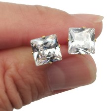 Genuine 18K Yellow Gold Filled 7mm Square Cubic Zirconia CZ Post Stud Earrings