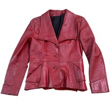 Vintage 1970s Burgundy Genuine Leather Jacket Mod Belted Wide Collar S/M 