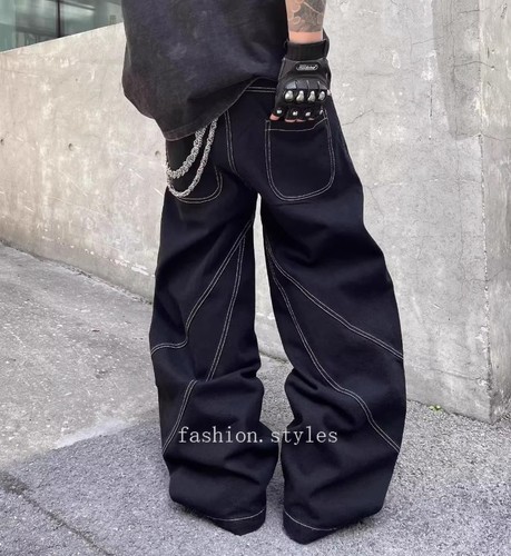 Men's Black Denim Cotton Jeans Printed Straight Wide Leg Casual Punk Pants New - Picture 16 of 25