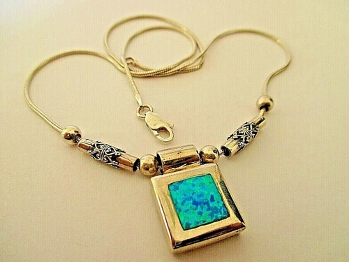 ANTIQUE HANDMADE .925 SILVER BLUE OPAL, PENDANT WITH ORIGINAL CHAIN 20' #87 - Bild 9 von 9