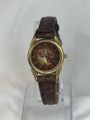 Disney Store Tigger Wristwatch Brown Genuine Leather Buckle Band Gold Tone