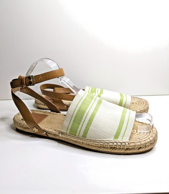 TORY BURCH Sandalen Espadrilles Gr. 40.5 WEIß GRÜN Stoff Leder Riemchen Logo TOP