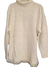 Jacque  & KoKo Womens Tunic Sweater Fringe Hem Ivory Size XL