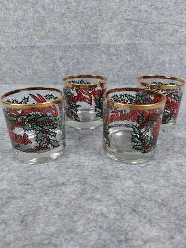 Set 4 bicchieri da bar vintage anni 70 Houze Art bordati oro Buon Natale fondo pesante - Foto 1 di 12