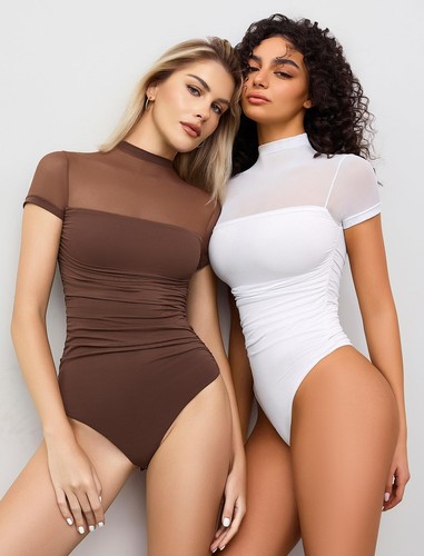 Women's Short Sleeve Bodysuit Turtle Neck Body Suits One Piece Going Out Mesh... - Picture 2 of 7