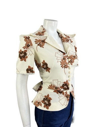 VTG 70S RICHARD SHOPS CREAM BROWN FLORAL ART DECO PEPLUM NOTCH LAPEL SHIRT 8 - Picture 8 of 10