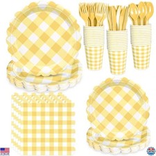 175 Pcs Yellow Scalloped Gingham Party Supplies for 25 Guests, Yellow and White