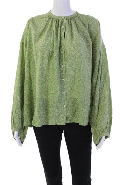Doen Womens Floral Print Button Down Shirt Green Beige Cotton Size Large