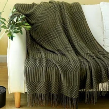 Blagic Dark Green Knitted Throw Blanket 50x60 Soft Lightweight w/ Tassels