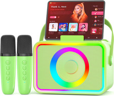 Portable Karaoke Machine Bluetooth Speaker 2 Wireless Mics LED Green