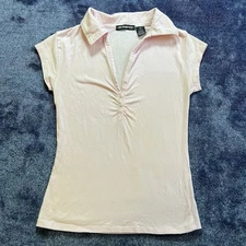 Vintage Y2K Rampage Pink Collared Henley Top Small Cap Sleeve Stretch
