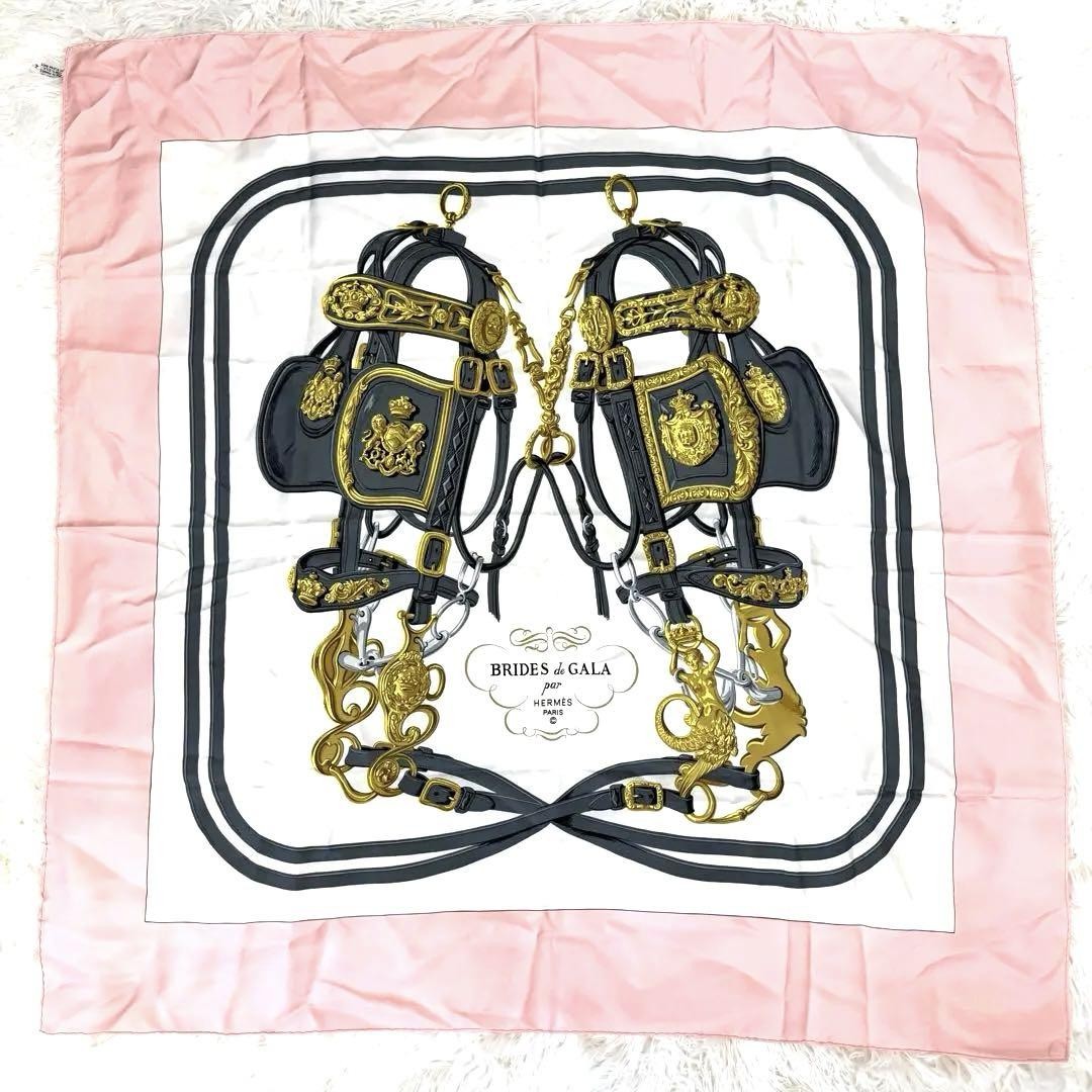 Hermes Carre 90 Brides De Gara Silk Scarf Pink Japan Import-image