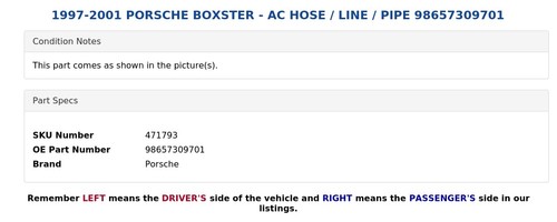 1997-2001 PORSCHE BOXSTER - AC HOSE / LINE / PIPE 98657309701 - Picture 6 of 7