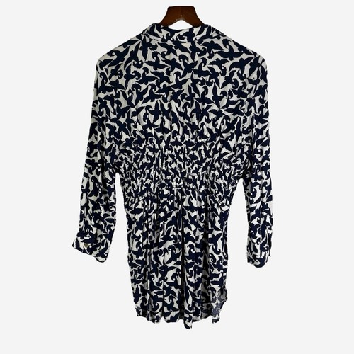 Anthropologie Maeve Alexa Smocked Button-Down Top L Print Navy Viscose Linen - Picture 6 of 12