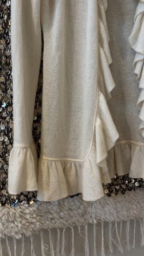 Minnie Rose Ivory 100% Cashmere Ruffle Open Front Cardigan Sweater S/M $365 New - Picture 7 of 9