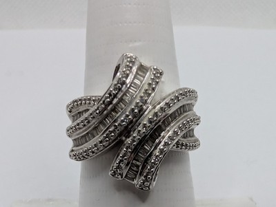 SUN Sterling Silver 925 Baguette & Round cut Diamond Ring Size 7