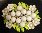 Selro Selini Signed Vintage Enamel Milk Glass Floral Brooch White Green Gold