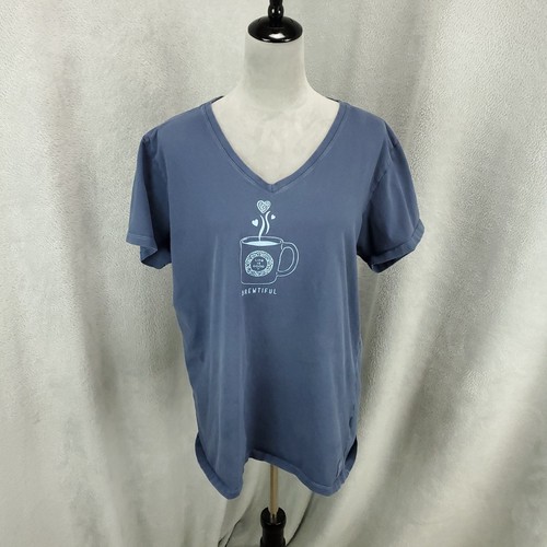 Life is Good Shirt Womens XL Blue Brewtiful Coffee Crusher Tee V Neck