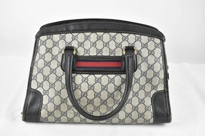 Gucci Vintage Monogram Handbag Women's Navy Canvas Leather Trim Italy Preloved - Image 1 of 4
