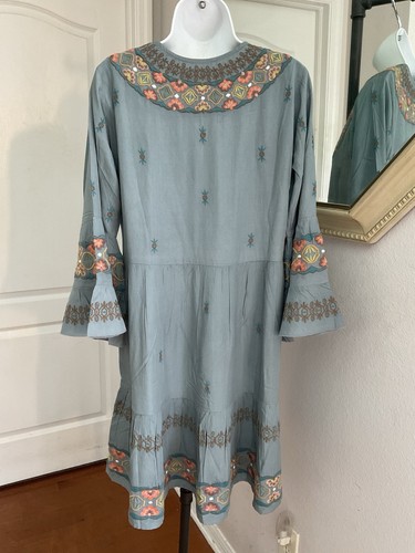 Kyla Seo Caite Ember Dress Embroidered Tiered Small Western Bell Sleeve Teal NWT - Bild 6 von 22